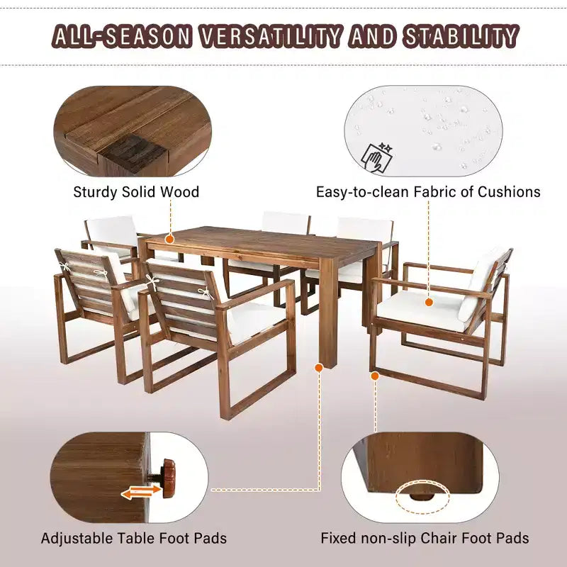 Ensemble de salle à manger d'extérieur Whisen 7 pièces en bois d'acacia - 6 places avec coussins amovibles, ensemble de meubles d'extérieur avec trou pour parasol