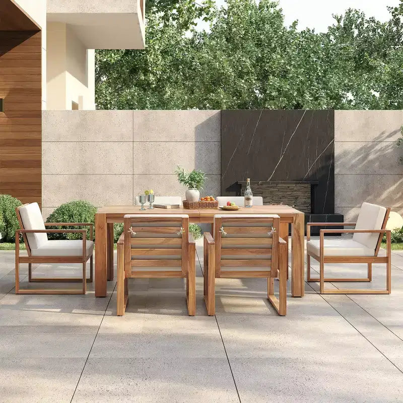 Ensemble de salle à manger d'extérieur Whisen 7 pièces en bois d'acacia - 6 places avec coussins amovibles, ensemble de meubles d'extérieur avec trou pour parasol