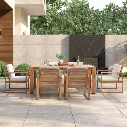 Ensemble de salle à manger d'extérieur Whisen 7 pièces en bois d'acacia - 6 places avec coussins amovibles, ensemble de meubles d'extérieur avec trou pour parasol