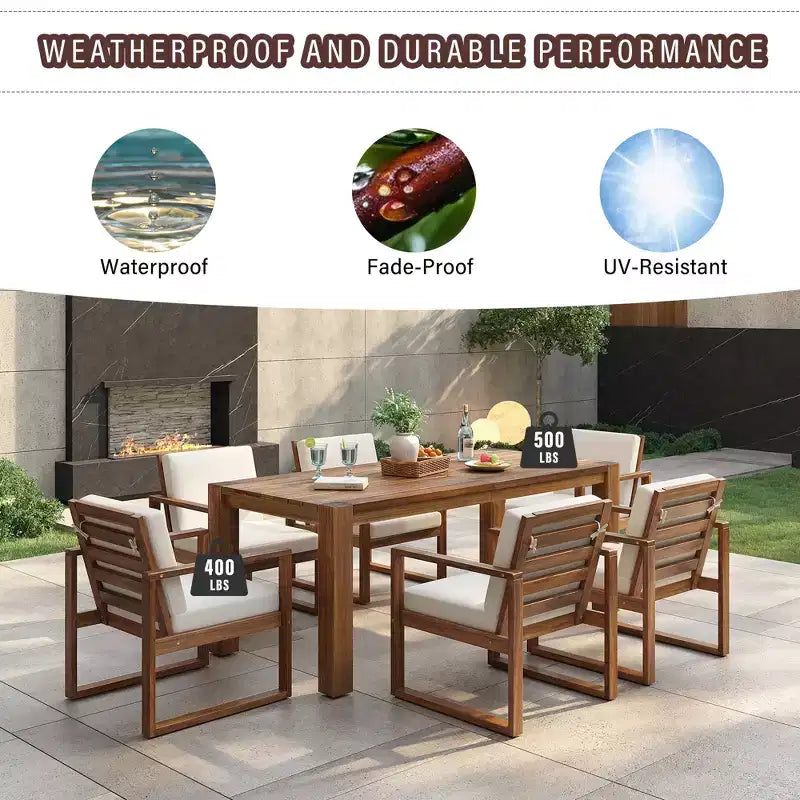 Ensemble de salle à manger d'extérieur Whisen 7 pièces en bois d'acacia - 6 places avec coussins amovibles, ensemble de meubles d'extérieur avec trou pour parasol