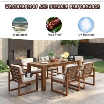 Ensemble de salle à manger d'extérieur Whisen 7 pièces en bois d'acacia - 6 places avec coussins amovibles, ensemble de meubles d'extérieur avec trou pour parasol
