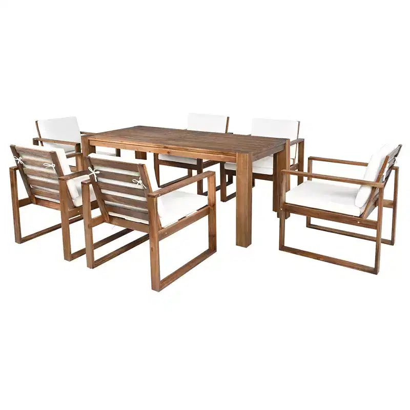 Ensemble de salle à manger d'extérieur Whisen 7 pièces en bois d'acacia - 6 places avec coussins amovibles, ensemble de meubles d'extérieur avec trou pour parasol