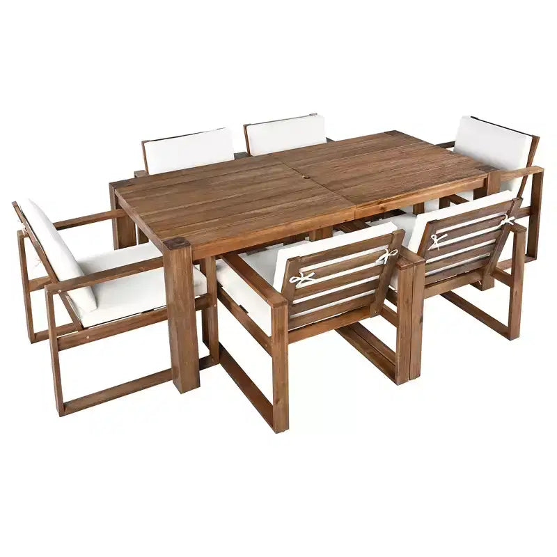 Ensemble de salle à manger d'extérieur Whisen 7 pièces en bois d'acacia - 6 places avec coussins amovibles, ensemble de meubles d'extérieur avec trou pour parasol