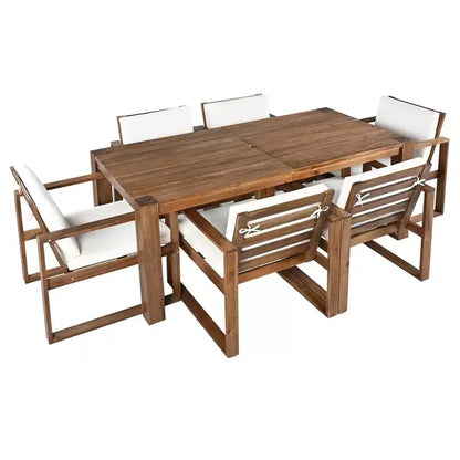 Ensemble de salle à manger d'extérieur Whisen 7 pièces en bois d'acacia - 6 places avec coussins amovibles, ensemble de meubles d'extérieur avec trou pour parasol