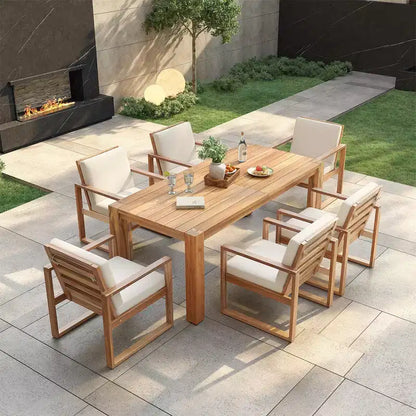 Ensemble de salle à manger d'extérieur Whisen 7 pièces en bois d'acacia - 6 places avec coussins amovibles, ensemble de meubles d'extérieur avec trou pour parasol