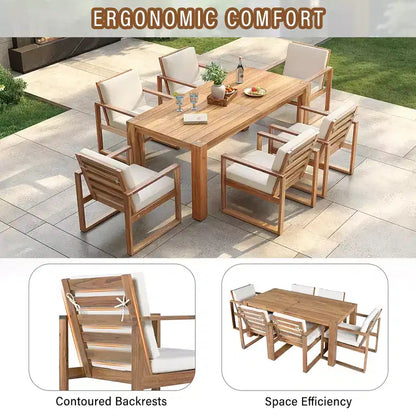 Ensemble de salle à manger d'extérieur Whisen 7 pièces en bois d'acacia - 6 places avec coussins amovibles, ensemble de meubles d'extérieur avec trou pour parasol