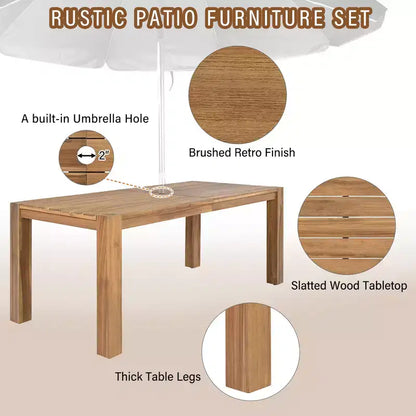 Ensemble de salle à manger d'extérieur Whisen 7 pièces en bois d'acacia - 6 places avec coussins amovibles, ensemble de meubles d'extérieur avec trou pour parasol