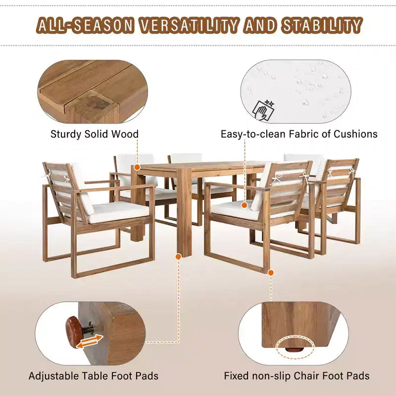Ensemble de salle à manger d'extérieur Whisen 7 pièces en bois d'acacia - 6 places avec coussins amovibles, ensemble de meubles d'extérieur avec trou pour parasol