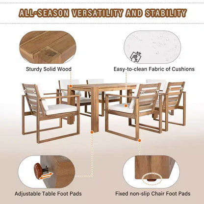 Ensemble de salle à manger d'extérieur Whisen 7 pièces en bois d'acacia - 6 places avec coussins amovibles, ensemble de meubles d'extérieur avec trou pour parasol