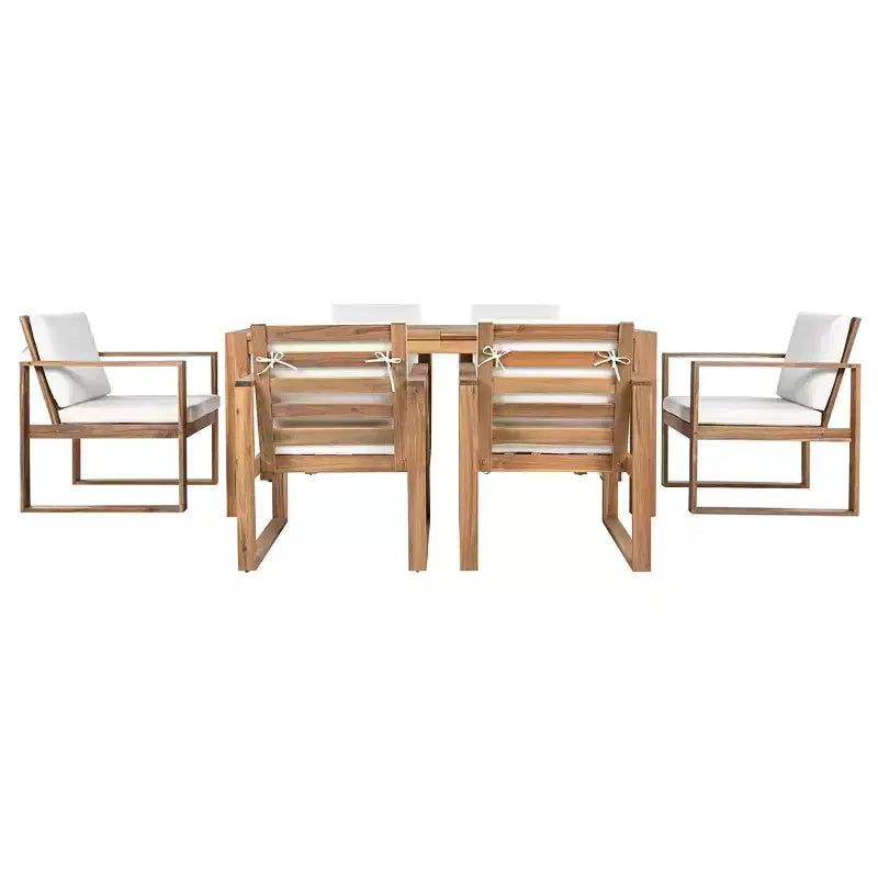 Ensemble de salle à manger d'extérieur Whisen 7 pièces en bois d'acacia - 6 places avec coussins amovibles, ensemble de meubles d'extérieur avec trou pour parasol