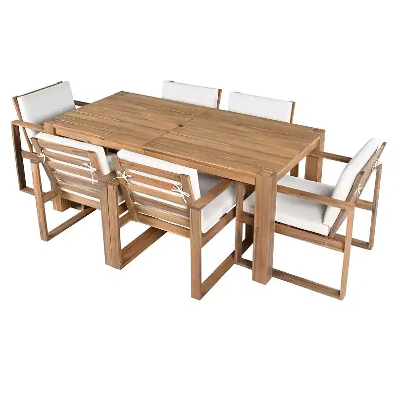 Ensemble de salle à manger d'extérieur Whisen 7 pièces en bois d'acacia - 6 places avec coussins amovibles, ensemble de meubles d'extérieur avec trou pour parasol