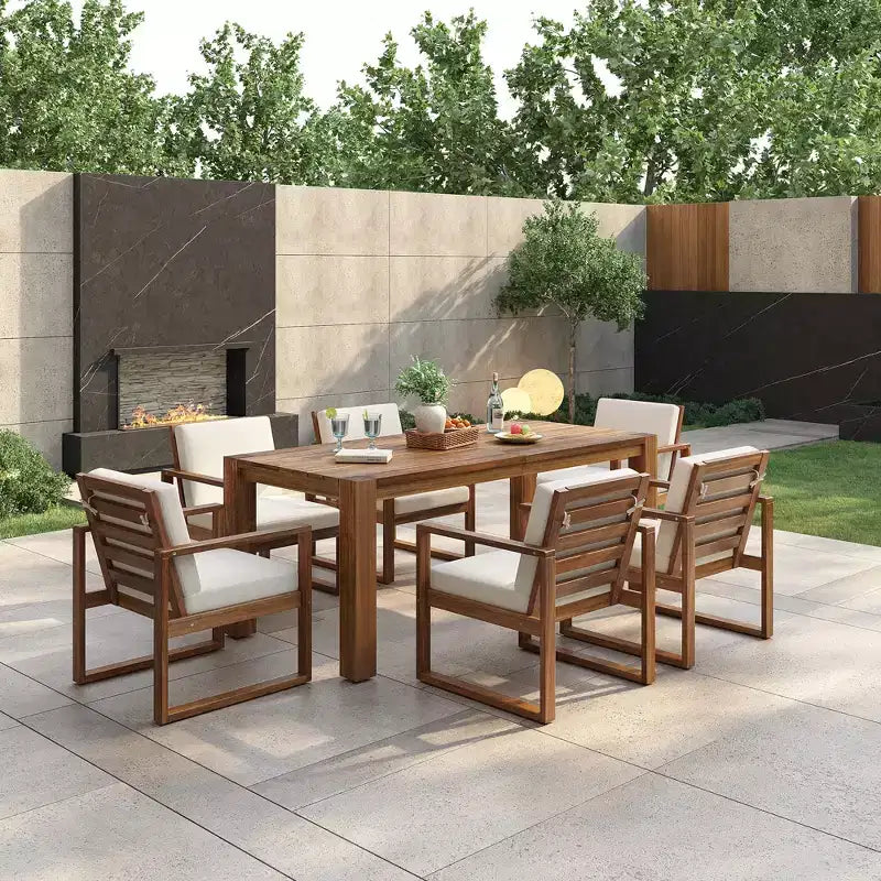 Ensemble de salle à manger d'extérieur Whisen 7 pièces en bois d'acacia - 6 places avec coussins amovibles, ensemble de meubles d'extérieur avec trou pour parasol