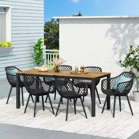 Christopher Knight Home Poppy Outdoor Acacia Wood and Resin 7 Piece Dining Set with 70.75 Dining Table, Black/Teak