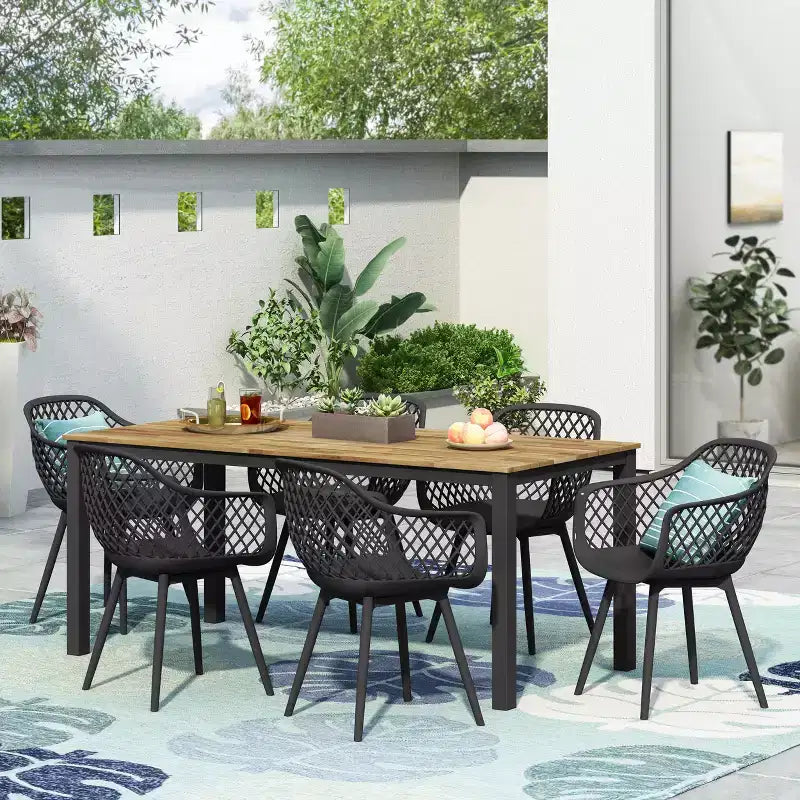 Christopher Knight Home Poppy Set da Pranzo da Esterno a 7 Pezzi in Legno di Acacia e Resina con Tavolo da Pranzo da 70.75, Nero/Teak