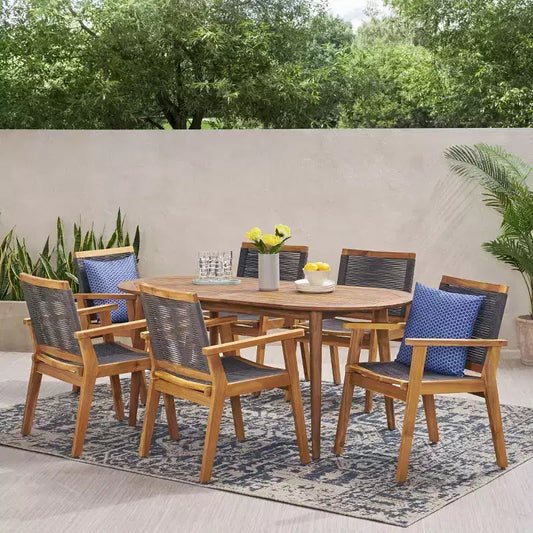 Christopher Knight Home Mcgill Outdoor Rope and Acacia Wood 7 Piece Dining Set, Teak/Dark Gray