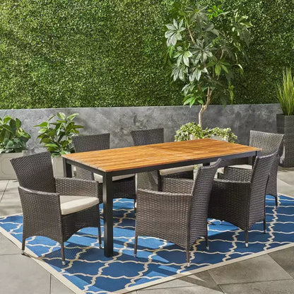 Christopher Knight Home Dane set da pranzo da 7 pezzi da esterno in vimini e legno di acacia con cuscini, Teak/Marrone Multicolore