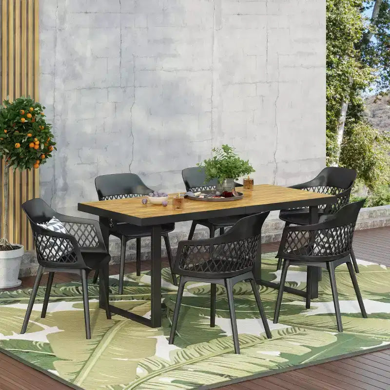 Christopher Knight Home Trinity Outdoor 7 Piece Polypropylene Resin and Acacia Wood Dining Set with 70 Table, Black and Teak