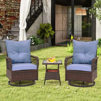 EROMMY Ensemble de 3 Fauteuils Relaxants Pivotants en Rotin pour Patio, Chaises à Bascule Pivotantes d'Extérieur avec 1 Table Basse en Rotin, Fauteuils de Patio Pivotants à 360 Degrés pour Pelouse