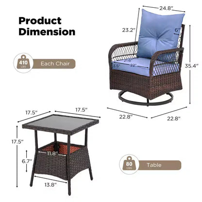 EROMMY Ensemble de 3 Fauteuils Relaxants Pivotants en Rotin pour Patio, Chaises à Bascule Pivotantes d'Extérieur avec 1 Table Basse en Rotin, Fauteuils de Patio Pivotants à 360 Degrés pour Pelouse