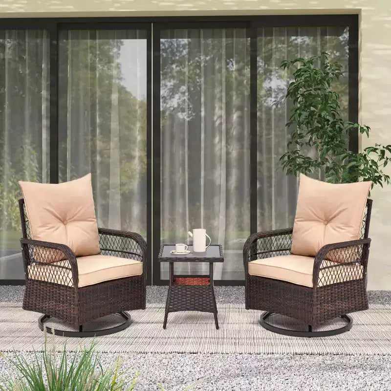 EROMMY Ensemble de 3 Fauteuils Relaxants Pivotants en Rotin pour Patio, Chaises à Bascule Pivotantes d'Extérieur avec 1 Table Basse en Rotin, Fauteuils de Patio Pivotants à 360 Degrés pour Pelouse