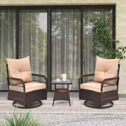 EROMMY Ensemble de 3 Fauteuils Relaxants Pivotants en Rotin pour Patio, Chaises à Bascule Pivotantes d'Extérieur avec 1 Table Basse en Rotin, Fauteuils de Patio Pivotants à 360 Degrés pour Pelouse