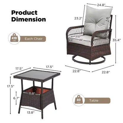 EROMMY Ensemble de 3 Fauteuils Relaxants Pivotants en Rotin pour Patio, Chaises à Bascule Pivotantes d'Extérieur avec 1 Table Basse en Rotin, Fauteuils de Patio Pivotants à 360 Degrés pour Pelouse