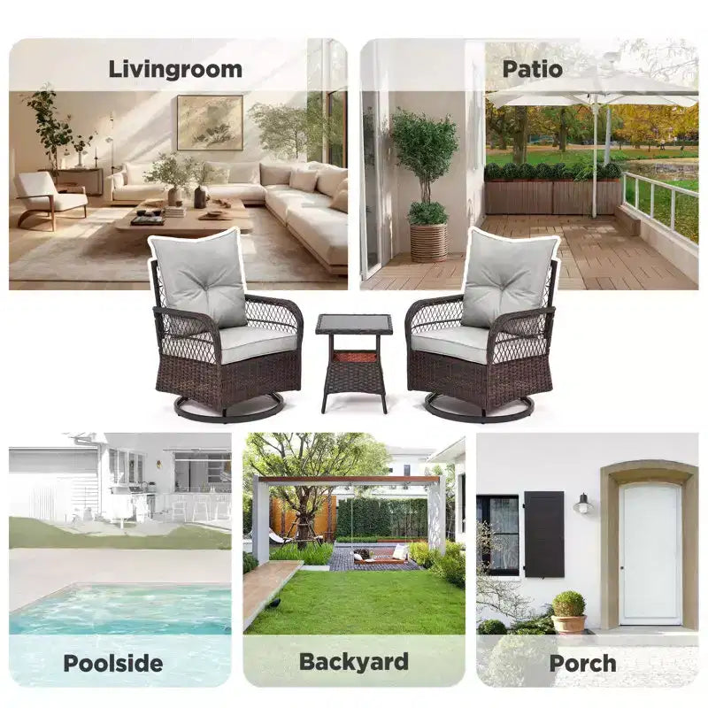 EROMMY Ensemble de 3 Fauteuils Relaxants Pivotants en Rotin pour Patio, Chaises à Bascule Pivotantes d'Extérieur avec 1 Table Basse en Rotin, Fauteuils de Patio Pivotants à 360 Degrés pour Pelouse