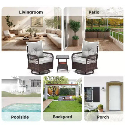 EROMMY Ensemble de 3 Fauteuils Relaxants Pivotants en Rotin pour Patio, Chaises à Bascule Pivotantes d'Extérieur avec 1 Table Basse en Rotin, Fauteuils de Patio Pivotants à 360 Degrés pour Pelouse