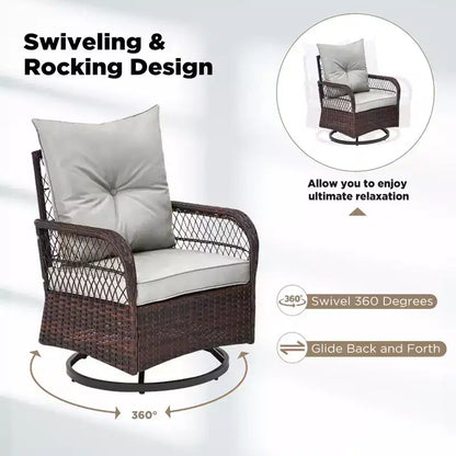 EROMMY Ensemble de 3 Fauteuils Relaxants Pivotants en Rotin pour Patio, Chaises à Bascule Pivotantes d'Extérieur avec 1 Table Basse en Rotin, Fauteuils de Patio Pivotants à 360 Degrés pour Pelouse