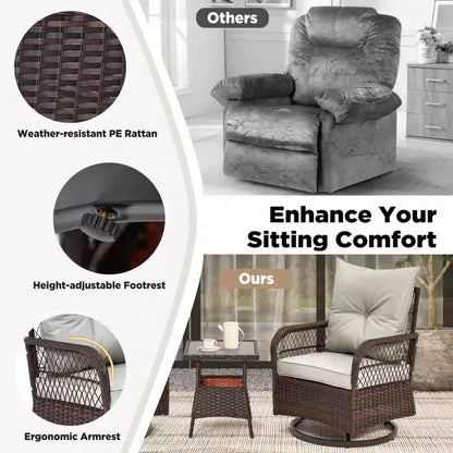 EROMMY Ensemble de 3 Fauteuils Relaxants Pivotants en Rotin pour Patio, Chaises à Bascule Pivotantes d'Extérieur avec 1 Table Basse en Rotin, Fauteuils de Patio Pivotants à 360 Degrés pour Pelouse