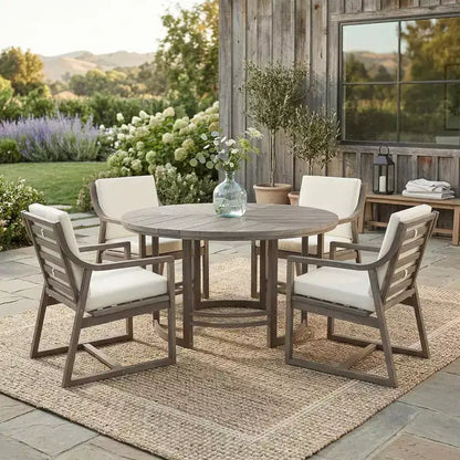 Ensemble de salle à manger d'extérieur 5 pièces Whisen pour 4, table et chaises de salle à manger rondes de patio avec trou pour parasol et coussins amovibles