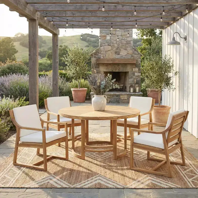 Ensemble de salle à manger d'extérieur 5 pièces Whisen pour 4, table et chaises de salle à manger rondes de patio avec trou pour parasol et coussins amovibles