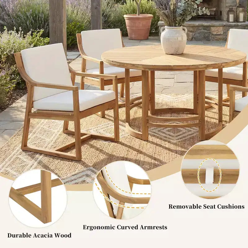 Ensemble de salle à manger d'extérieur 5 pièces Whisen pour 4, table et chaises de salle à manger rondes de patio avec trou pour parasol et coussins amovibles