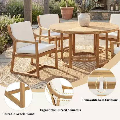 Ensemble de salle à manger d'extérieur 5 pièces Whisen pour 4, table et chaises de salle à manger rondes de patio avec trou pour parasol et coussins amovibles