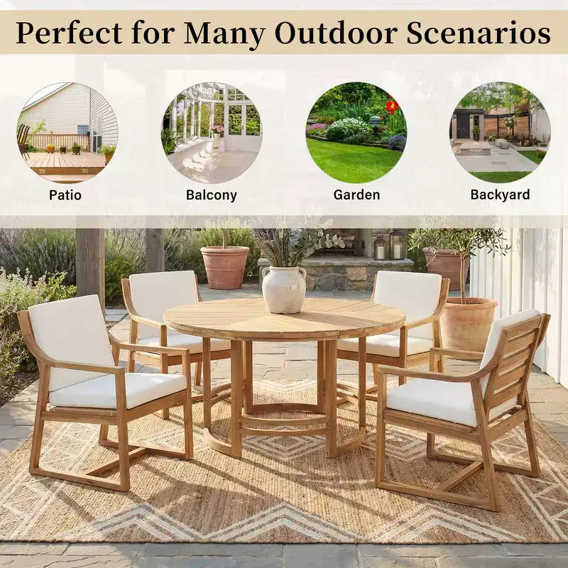 Ensemble de salle à manger d'extérieur 5 pièces Whisen pour 4, table et chaises de salle à manger rondes de patio avec trou pour parasol et coussins amovibles