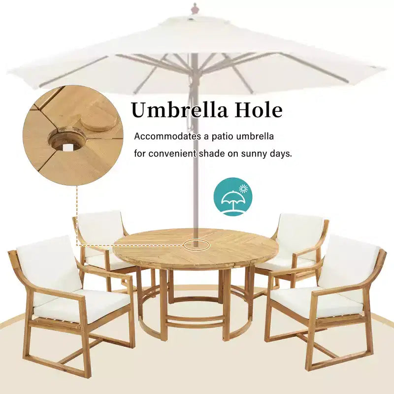 Ensemble de salle à manger d'extérieur 5 pièces Whisen pour 4, table et chaises de salle à manger rondes de patio avec trou pour parasol et coussins amovibles