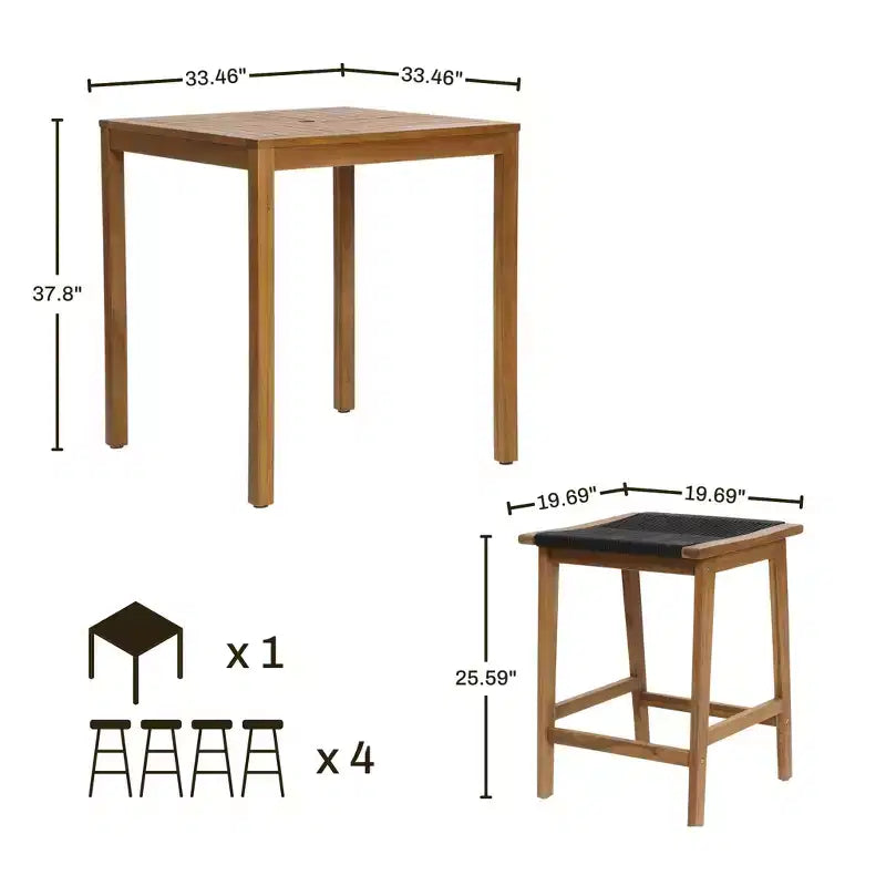 LuxenHome Ensemble table et 4 tabourets de comptoir en bois d'acacia pour 4 personnes, marron