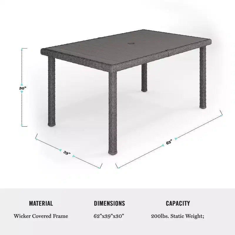 Ensemble repas Martha Stewart Bedford 7 pièces intérieur/extérieur avec 6 chaises de salle à manger empilables et table de patio de 62 pouces avec plateau en bois composite et osier en rotin