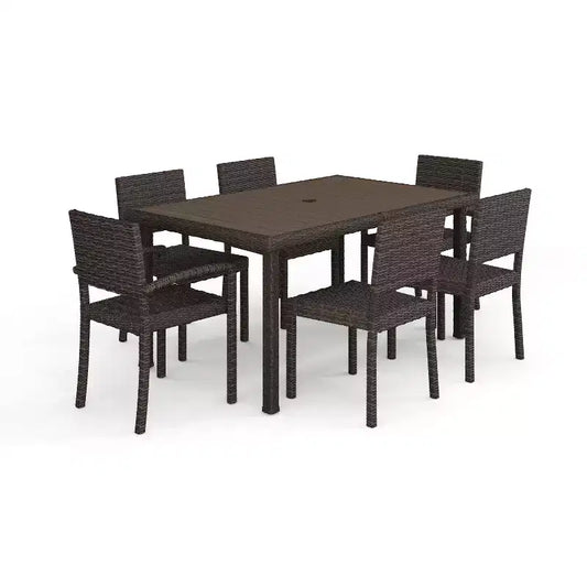 Martha Stewart Bedford 7-Piece Indoor-Outdoor Dining Set with 6 Stackable Dining Chairs and 62 Patio Table with Engineered Wood Top in Rattan Wicker