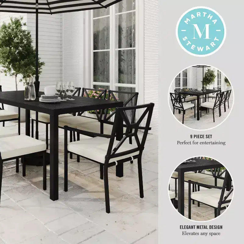 Ensemble de salle à manger d'extérieur 9 pièces Martha Stewart avec 8 chaises empilables et table de 71 pouces, en acier noir