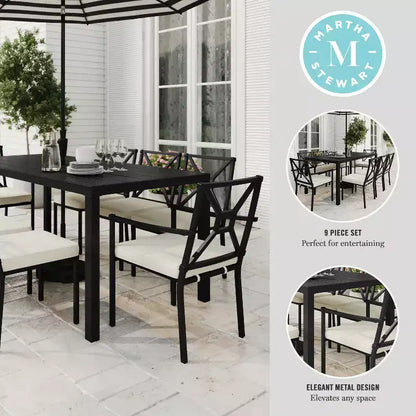 Ensemble de salle à manger d'extérieur 9 pièces Martha Stewart avec 8 chaises empilables et table de 71 pouces, en acier noir