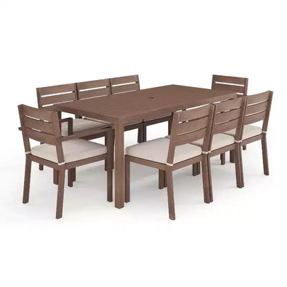 Martha Stewart Bedford Indoor-Outdoor Patio Set with 71 Table and 8 Dining Chairs with Brushed Woodgrain Aluminum Finish and All-Weather Seat Cushion