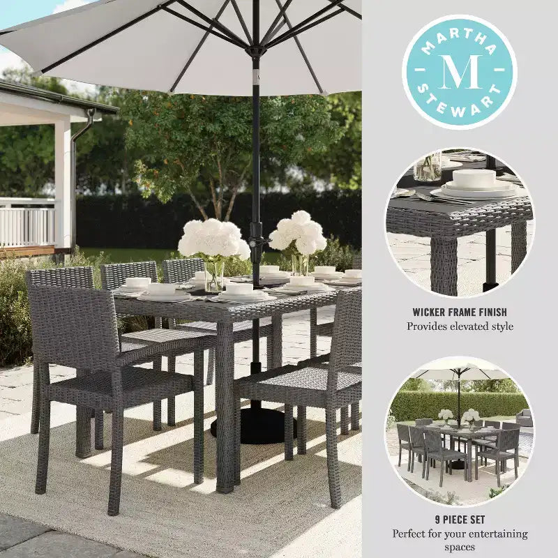 Ensemble de salle à manger intérieur/extérieur Martha Stewart Bedford 9 pièces avec 8 chaises empilables et table de patio 71 po avec plateau en bois composite en osier de rotin