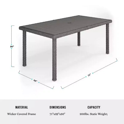 Ensemble de salle à manger intérieur/extérieur Martha Stewart Bedford 9 pièces avec 8 chaises empilables et table de patio 71 po avec plateau en bois composite en osier de rotin