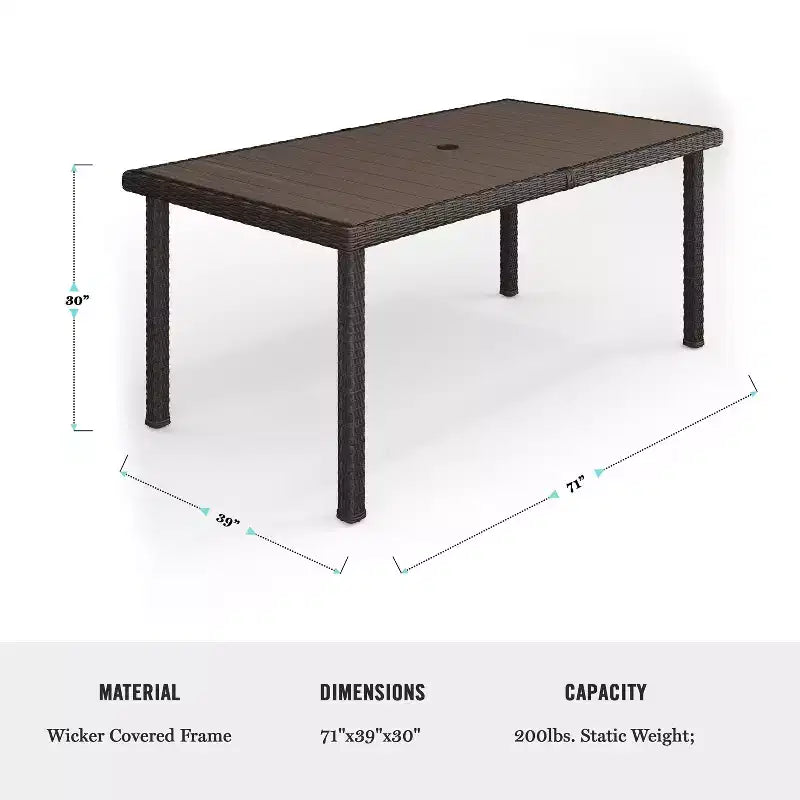 Ensemble de salle à manger intérieur/extérieur Martha Stewart Bedford 9 pièces avec 8 chaises empilables et table de patio 71 po avec plateau en bois composite en osier de rotin