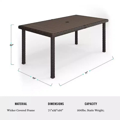 Ensemble de salle à manger intérieur/extérieur Martha Stewart Bedford 9 pièces avec 8 chaises empilables et table de patio 71 po avec plateau en bois composite en osier de rotin
