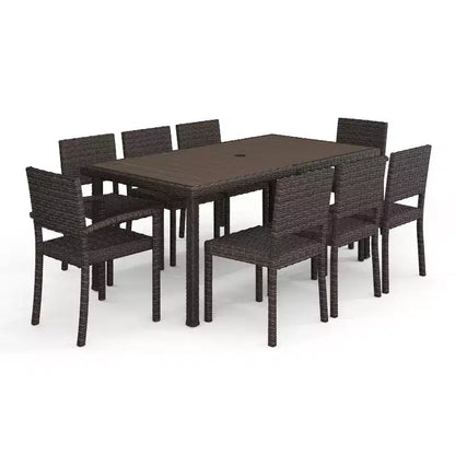 Ensemble de salle à manger intérieur/extérieur Martha Stewart Bedford 9 pièces avec 8 chaises empilables et table de patio 71 po avec plateau en bois composite en osier de rotin