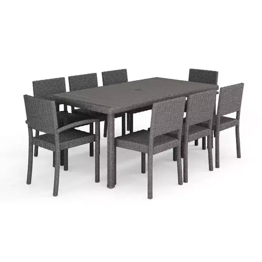 Martha Stewart Bedford 9-Piece Indoor-Outdoor Dining Set with 8 Stackable Dining Chairs and 71 Patio Table with Engineered Wood Top in Rattan Wicker