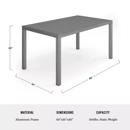 Ensemble de patio intérieur/extérieur Martha Stewart Bedford avec table de 62 po et 6 chaises de salle à manger avec finition en aluminium brossé imitation bois et coussins toutes saisons