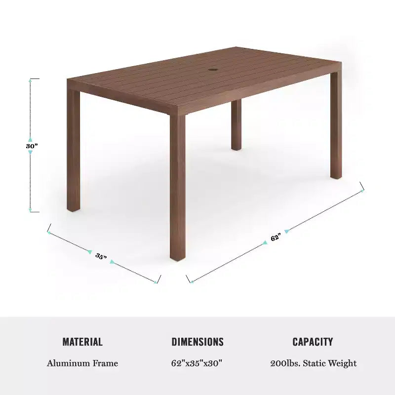 Ensemble de patio intérieur/extérieur Martha Stewart Bedford avec table de 62 po et 6 chaises de salle à manger avec finition en aluminium brossé imitation bois et coussins toutes saisons
